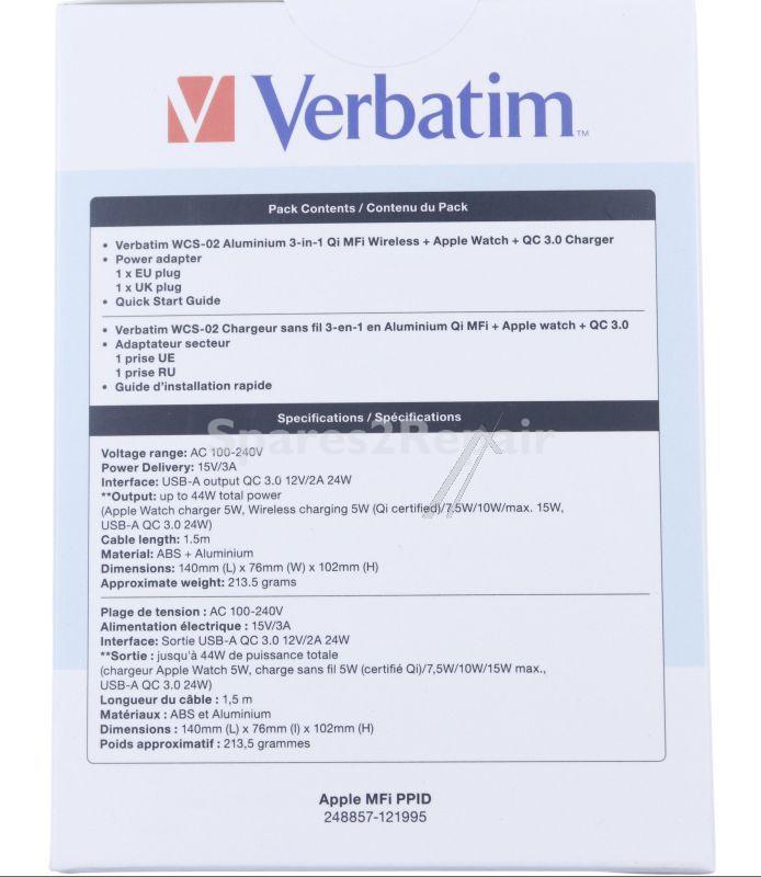 Verbatim Battery Charger-discharger - Wcs-02 49556 Aluminum 3-in-1 Qi Mfi Wireless + Apple Watch + Qc3 0 Charger